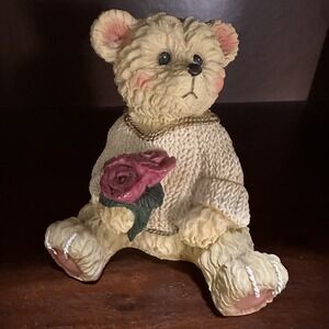 Vintage Cherished Teddy Bear Figurine Holding Roses‎ Knitted Sweater Gift